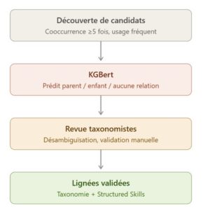 Graphique montrant la succession d'étapes pour construire la taxonomie à partir des candidats extraits par le pipeline d'extraction